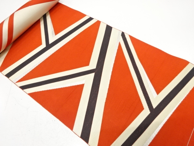 JAPANESE KIMONO / ANTIQUE BOLT FOR HASSUN OBI / SILK / WOVEN GEOMETRIC